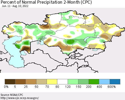Kazakhstan Percent of Normal Precipitation 2-Month (CPC) Thematic Map For 6/11/2022 - 8/10/2022
