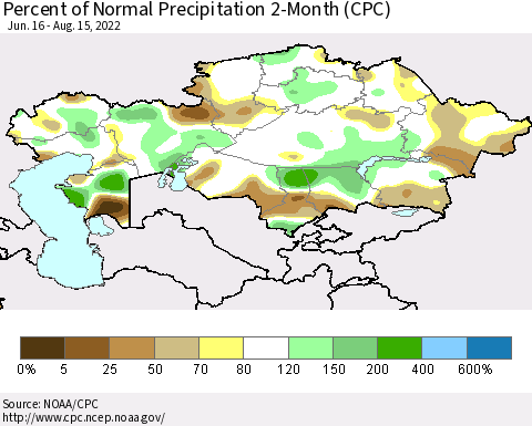 Kazakhstan Percent of Normal Precipitation 2-Month (CPC) Thematic Map For 6/16/2022 - 8/15/2022