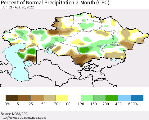 Kazakhstan Percent of Normal Precipitation 2-Month (CPC) Thematic Map For 6/21/2022 - 8/20/2022