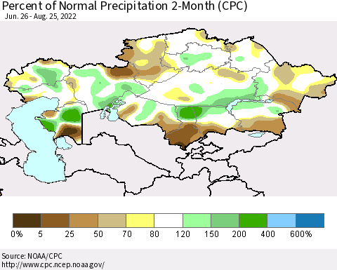 Kazakhstan Percent of Normal Precipitation 2-Month (CPC) Thematic Map For 6/26/2022 - 8/25/2022