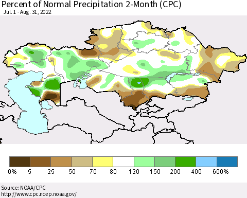 Kazakhstan Percent of Normal Precipitation 2-Month (CPC) Thematic Map For 7/1/2022 - 8/31/2022