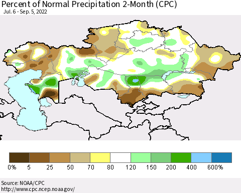 Kazakhstan Percent of Normal Precipitation 2-Month (CPC) Thematic Map For 7/6/2022 - 9/5/2022