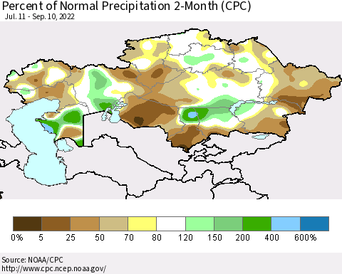 Kazakhstan Percent of Normal Precipitation 2-Month (CPC) Thematic Map For 7/11/2022 - 9/10/2022