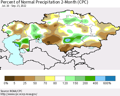 Kazakhstan Percent of Normal Precipitation 2-Month (CPC) Thematic Map For 7/16/2022 - 9/15/2022