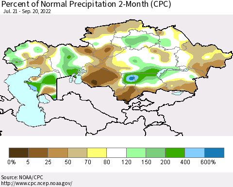 Kazakhstan Percent of Normal Precipitation 2-Month (CPC) Thematic Map For 7/21/2022 - 9/20/2022