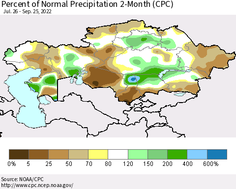 Kazakhstan Percent of Normal Precipitation 2-Month (CPC) Thematic Map For 7/26/2022 - 9/25/2022