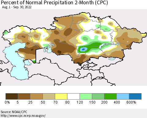 Kazakhstan Percent of Normal Precipitation 2-Month (CPC) Thematic Map For 8/1/2022 - 9/30/2022