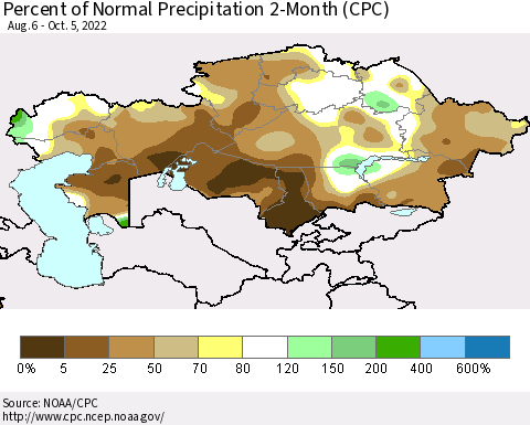 Kazakhstan Percent of Normal Precipitation 2-Month (CPC) Thematic Map For 8/6/2022 - 10/5/2022
