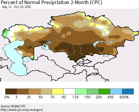 Kazakhstan Percent of Normal Precipitation 2-Month (CPC) Thematic Map For 8/11/2022 - 10/10/2022