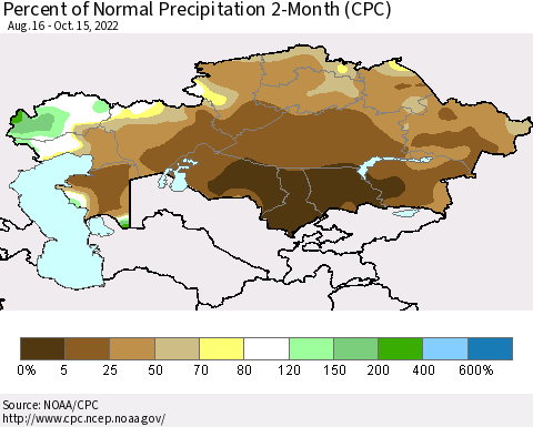 Kazakhstan Percent of Normal Precipitation 2-Month (CPC) Thematic Map For 8/16/2022 - 10/15/2022