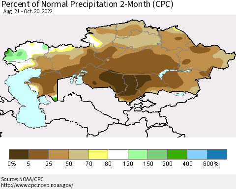 Kazakhstan Percent of Normal Precipitation 2-Month (CPC) Thematic Map For 8/21/2022 - 10/20/2022
