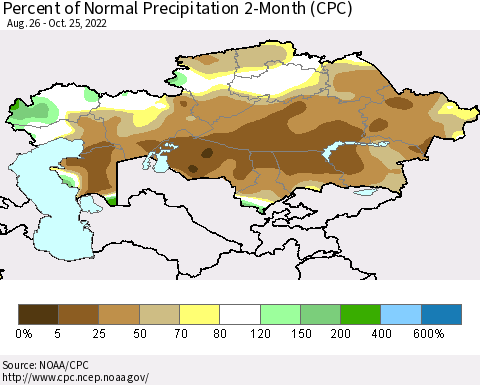 Kazakhstan Percent of Normal Precipitation 2-Month (CPC) Thematic Map For 8/26/2022 - 10/25/2022
