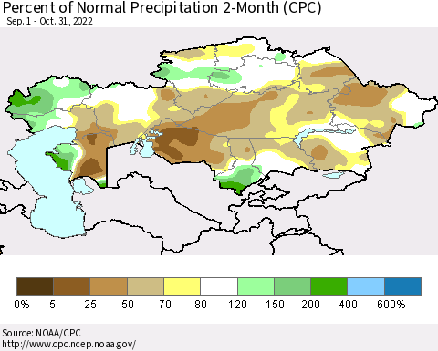 Kazakhstan Percent of Normal Precipitation 2-Month (CPC) Thematic Map For 9/1/2022 - 10/31/2022