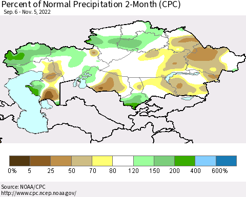 Kazakhstan Percent of Normal Precipitation 2-Month (CPC) Thematic Map For 9/6/2022 - 11/5/2022