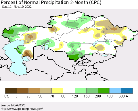 Kazakhstan Percent of Normal Precipitation 2-Month (CPC) Thematic Map For 9/11/2022 - 11/10/2022