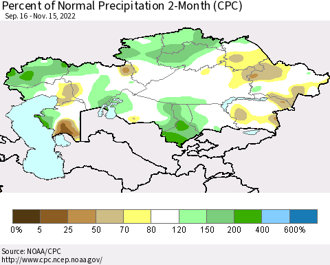Kazakhstan Percent of Normal Precipitation 2-Month (CPC) Thematic Map For 9/16/2022 - 11/15/2022