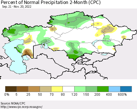 Kazakhstan Percent of Normal Precipitation 2-Month (CPC) Thematic Map For 9/21/2022 - 11/20/2022