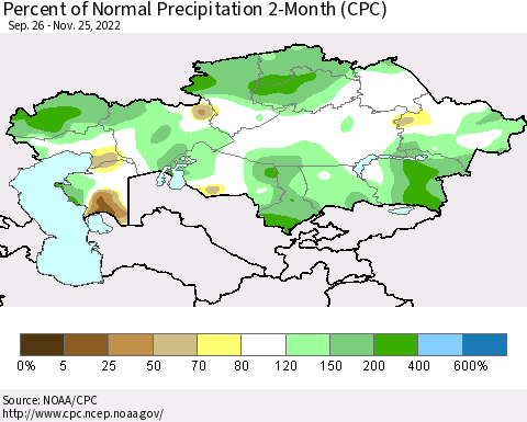 Kazakhstan Percent of Normal Precipitation 2-Month (CPC) Thematic Map For 9/26/2022 - 11/25/2022