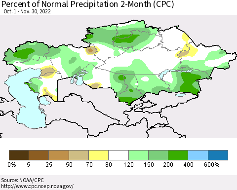 Kazakhstan Percent of Normal Precipitation 2-Month (CPC) Thematic Map For 10/1/2022 - 11/30/2022