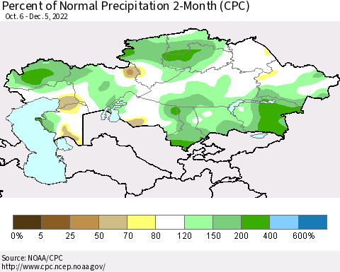 Kazakhstan Percent of Normal Precipitation 2-Month (CPC) Thematic Map For 10/6/2022 - 12/5/2022