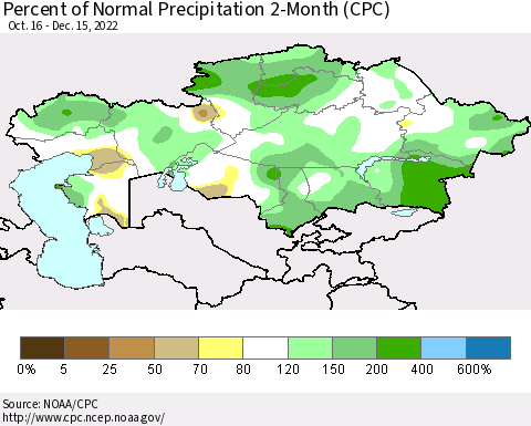 Kazakhstan Percent of Normal Precipitation 2-Month (CPC) Thematic Map For 10/16/2022 - 12/15/2022
