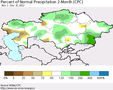 Kazakhstan Percent of Normal Precipitation 2-Month (CPC) Thematic Map For 11/1/2022 - 12/31/2022