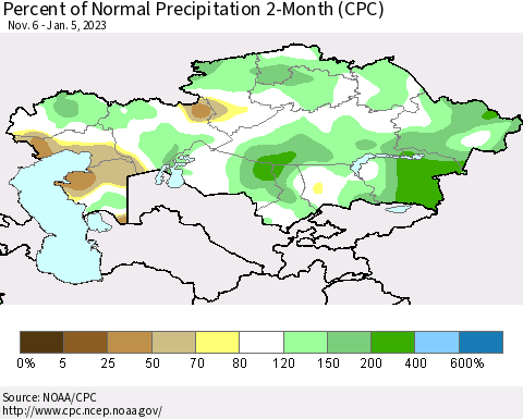 Kazakhstan Percent of Normal Precipitation 2-Month (CPC) Thematic Map For 11/6/2022 - 1/5/2023
