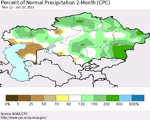 Kazakhstan Percent of Normal Precipitation 2-Month (CPC) Thematic Map For 11/11/2022 - 1/10/2023