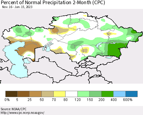 Kazakhstan Percent of Normal Precipitation 2-Month (CPC) Thematic Map For 11/16/2022 - 1/15/2023