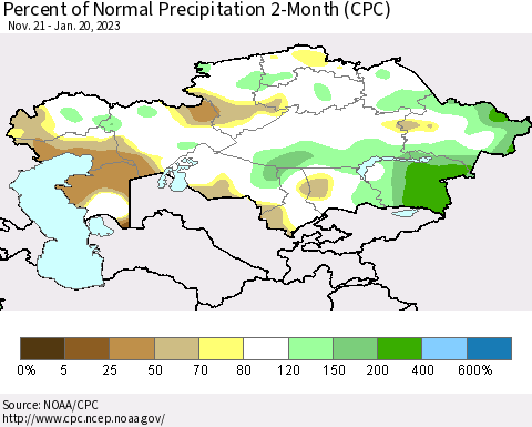 Kazakhstan Percent of Normal Precipitation 2-Month (CPC) Thematic Map For 11/21/2022 - 1/20/2023