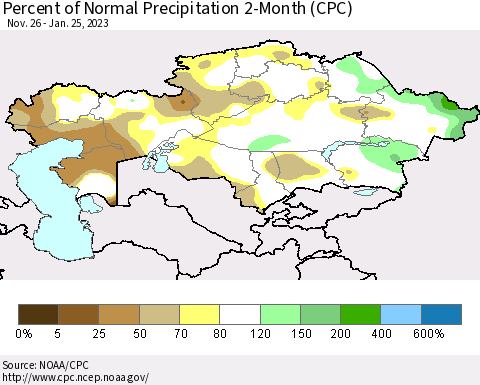 Kazakhstan Percent of Normal Precipitation 2-Month (CPC) Thematic Map For 11/26/2022 - 1/25/2023