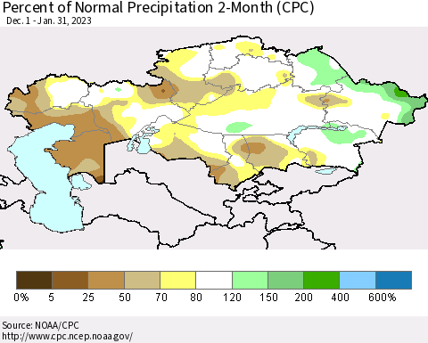 Kazakhstan Percent of Normal Precipitation 2-Month (CPC) Thematic Map For 12/1/2022 - 1/31/2023