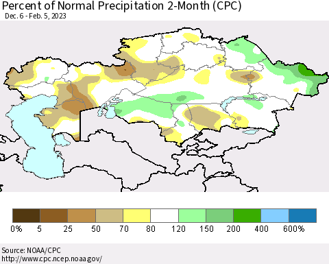 Kazakhstan Percent of Normal Precipitation 2-Month (CPC) Thematic Map For 12/6/2022 - 2/5/2023