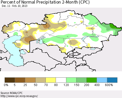 Kazakhstan Percent of Normal Precipitation 2-Month (CPC) Thematic Map For 12/11/2022 - 2/10/2023