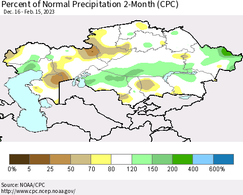 Kazakhstan Percent of Normal Precipitation 2-Month (CPC) Thematic Map For 12/16/2022 - 2/15/2023