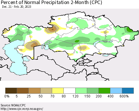 Kazakhstan Percent of Normal Precipitation 2-Month (CPC) Thematic Map For 12/21/2022 - 2/20/2023