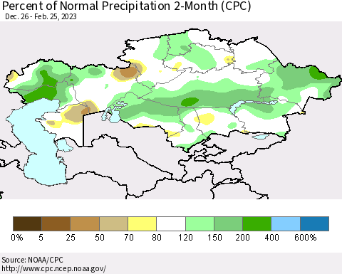 Kazakhstan Percent of Normal Precipitation 2-Month (CPC) Thematic Map For 12/26/2022 - 2/25/2023
