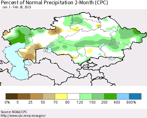 Kazakhstan Percent of Normal Precipitation 2-Month (CPC) Thematic Map For 1/1/2023 - 2/28/2023