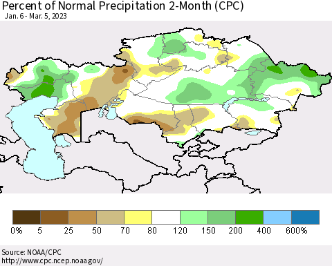 Kazakhstan Percent of Normal Precipitation 2-Month (CPC) Thematic Map For 1/6/2023 - 3/5/2023