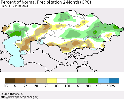 Kazakhstan Percent of Normal Precipitation 2-Month (CPC) Thematic Map For 1/11/2023 - 3/10/2023