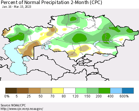 Kazakhstan Percent of Normal Precipitation 2-Month (CPC) Thematic Map For 1/16/2023 - 3/15/2023