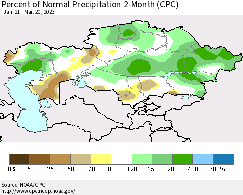 Kazakhstan Percent of Normal Precipitation 2-Month (CPC) Thematic Map For 1/21/2023 - 3/20/2023