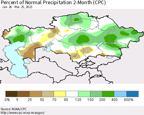 Kazakhstan Percent of Normal Precipitation 2-Month (CPC) Thematic Map For 1/26/2023 - 3/25/2023