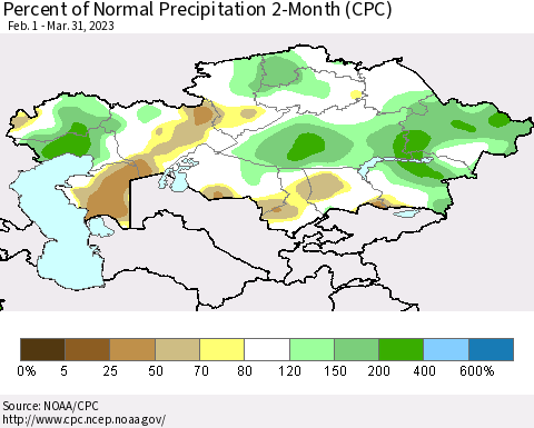 Kazakhstan Percent of Normal Precipitation 2-Month (CPC) Thematic Map For 2/1/2023 - 3/31/2023