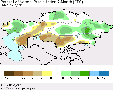 Kazakhstan Percent of Normal Precipitation 2-Month (CPC) Thematic Map For 2/6/2023 - 4/5/2023