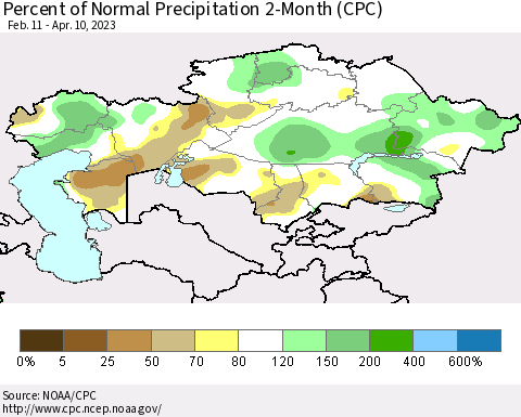 Kazakhstan Percent of Normal Precipitation 2-Month (CPC) Thematic Map For 2/11/2023 - 4/10/2023