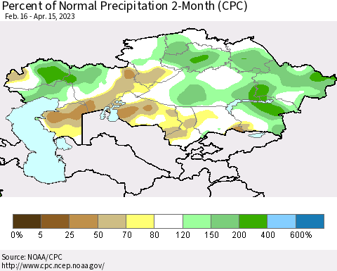Kazakhstan Percent of Normal Precipitation 2-Month (CPC) Thematic Map For 2/16/2023 - 4/15/2023
