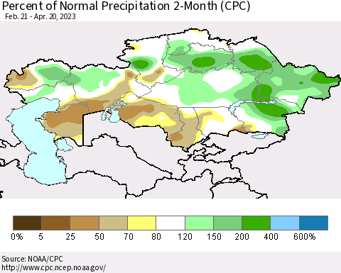 Kazakhstan Percent of Normal Precipitation 2-Month (CPC) Thematic Map For 2/21/2023 - 4/20/2023