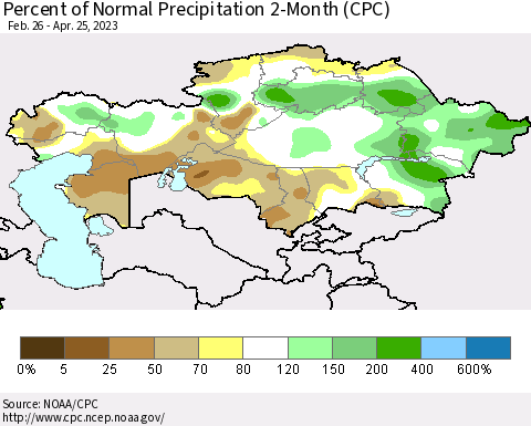 Kazakhstan Percent of Normal Precipitation 2-Month (CPC) Thematic Map For 2/26/2023 - 4/25/2023