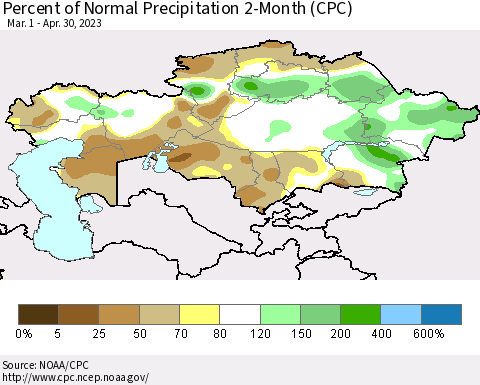 Kazakhstan Percent of Normal Precipitation 2-Month (CPC) Thematic Map For 3/1/2023 - 4/30/2023